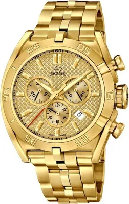 A close-up studio shot of a gold chronograph watch against a white background.