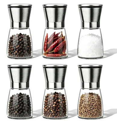 Gewürzmühlen-Set, 6 Stück, 180 ml, manuell, einstellbar, Glas/Edelstahl
