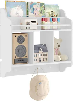 Immagine prodotto di Libreria per bambini con 1 ripiano superiore, 3 scomparti aperti e 4 ganci, colore bianco | 60x20x57 cm
