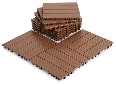 Obrázok produktu pre Vigevee, 11 kusov terasových dlaždíc, 1 m², 30x30 cm, plastové, klikacie dlaždice, dlaždice na balkón, vzhľad dreva, pruhované, odolné voči poveternostným vplyvom, protišmykové, hnedé, 4 pruhy