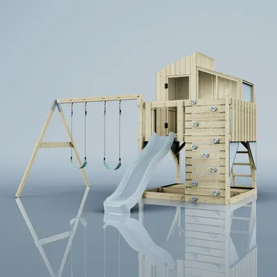 Produktbild von OutdoorToys Spielturm mit Spielhaus mit Wellenrutsche, Outdoor Klettergerüst Garten, Kletterwand und Kletterleiter, Ausführung: Kinderschaukel, Farbe: Eisblau, mit Kinderschaukel