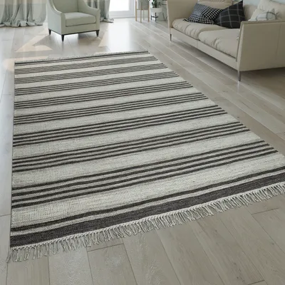 Immagine prodotto di Tappeto naturale in lana moderno tessuto a mano a righe design kilim con frange color crema e marrone dimensioni 60x110 cm