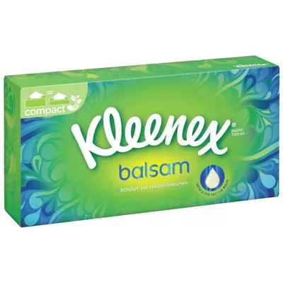 A box of Kleenex Balsam tissues with a green and blue swirling pattern.
