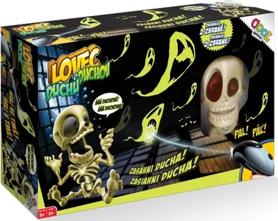 The image shows the packaging of a ghost-hunting toy game, featuring cartoonish characters and game elements.