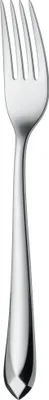 A close-up studio shot of a single silver fork against a white background.