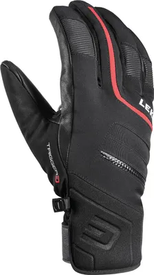 A black ski glove with red accents and branding.