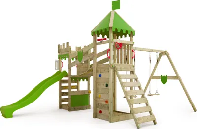 Image de FATMOOSE Tour de jeu Château de chevalier RiverRun avec balançoire & toboggan, maison de jeu avec bac à sable, échelle & accessoires de jeu - vert pomme