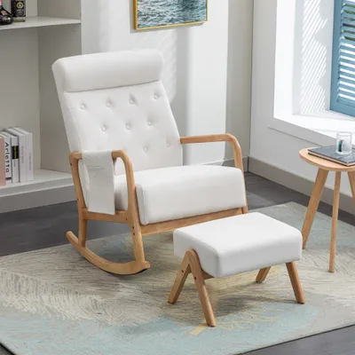 Produktbild von OPULHAUS Relaxsessel mit Hocker Schaukelsessel Schaukelstuhl mit Kopfstütze und gepolstert Rückenlehne bis 140kg für Balkon Schlaf- und Arbeitszimmer