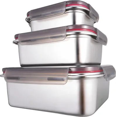 Immagine prodotto di Contenitori per alimenti in acciaio inox / Scatola Lynx con coperchio ermetico Set di 3 / Contenitori per la preparazione dei pasti Contenitori per alimenti per la cucina