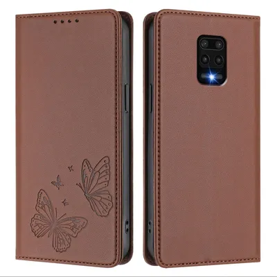 Produktbild von Lederhülle für Xiaomi Redmi Note 9S/ 9 Pro/ 9 Pro Max, Schmetterling Prägung Leder Brieftasche Schutzhülle mit Ständer Braun