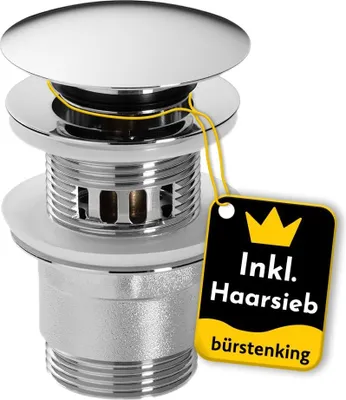 Produktbild von Bürstenking Ablaufgarnitur Waschbecken – Ablaufventil mit Haarsieb – für Waschbecken & Waschtisch – 1 1/4" Anschlussgewinde – Push-Open Funktion – mit Überlauf – 6,0 cm – ø 66 mm – Chrom Silber