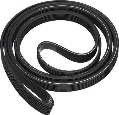 A black serpentine belt coiled on a white background.