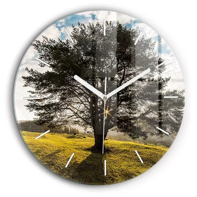 Produktbild von Wallfluent Große Wanduhr – Stilles Quarzuhrwerk - Uhr Dekoration Wohnzimmer Schlafzimmer Küche - Zifferblatt mit Striche - weiße Zeiger - 60 cm - Baum auf einem Hügel