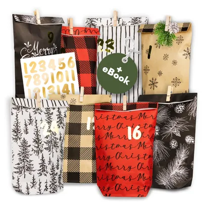 Produktbild von Adventskalender zum Befüllen 2026-24 Papier Tüten mit Holzklammern & Zahlen 1-24