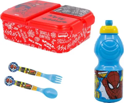 Produktbild von Marvel Spiderman 4 teiliges Set Lunchbox mit Trinkbecher und Besteck