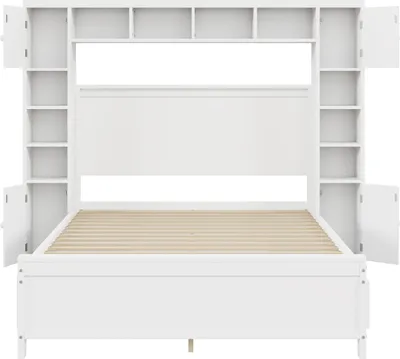 Obrázek produktu pro Okwish klasická dřevěná postel 140x200 cm s 4 zásuvkami a úložným čelem, dvojitá postel s laťkovým roštem a úložnou skříní - bílá (bez matrace)