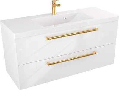 Produktbild von FURNI Waschtischunterschrank ATH 100 cm  - Weiß Hochglanz - Hängender Badschrank mit Mineralguss-Waschbecken - Griffe - Vormontiert