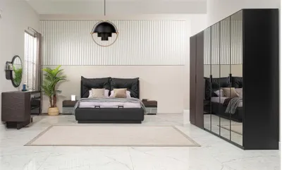 Produktbild von Doppelbett Garnitur Schlafzimmer Bett Nachttische Schwarz Set 6tlg