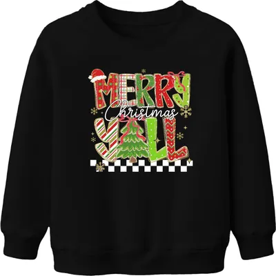 Produktbild von Merry Christmas Y'all Weihnachten Tannenbaum gestreift Glitzer Uni Kinder Sweatshirt Pullover, Schwarz, 116