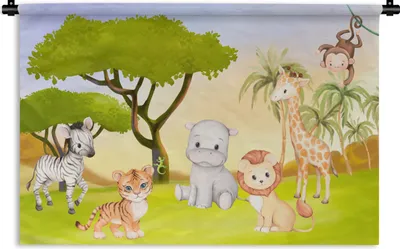 Produktbild von MuchoWow® Wandteppich Wandbehang Dschungel - Tiere - Kind 90x60 cm Tapisserie Dekoration Wandtuch - Wandskulpturen - Bildteppich