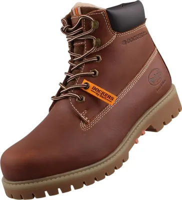 Das Bild zeigt einen braunen Stiefel aus Leder mit einer strukturierten Oberfläche und einem seitlichen Reißverschluss. Der Stiefel wird von der linken Seite präsentiert und hebt die Form und das Design hervor.
