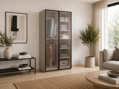 Produktbild von Drehtürenschrank, Falttürenschrank 2-türig Schrank mit Einlegeböden und Kleiderstange, Schlafzimmer  - Schrank Minewra 100 - Beige Flutes