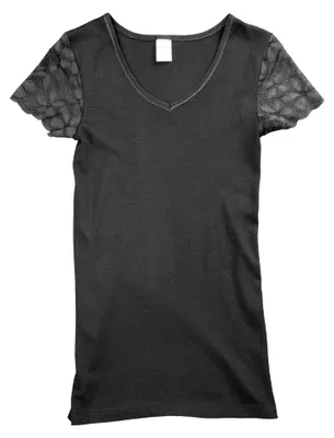 Damen T-Shirt V-Neck enge Passform mit Spitzenstoffärmeln schwarz