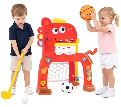 Image de Panier de basket 4 en 1 COSTWAY, ballon de basket pour enfants à partir de 1 an, support de basket réglable en hauteur de 62 à 70 cm avec but de football, jeu de golf et jeu de lancer de cerceaux