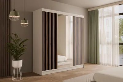 Produktbild von ALTDECOR Kleiderschrank mit Spiegel und Schiebetüren,  Garderobenschrank mit  Lamellentüren Schwebetürenschrank mit Lamel, Schrank V2-ZENTI 215x200 cm Weiß/Schwarz