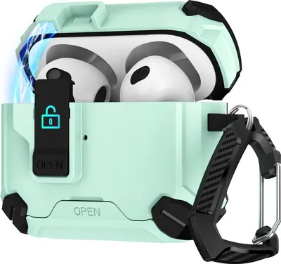 Zdjęcie produktu dla Etui ochronne na słuchawki Apple AirPods 4 Defender z karabińczykiem 360°, odporne na wstrząsy i uderzenia, turkusowe