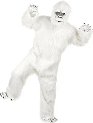 A person wearing a white yeti costume, posing against a white background.