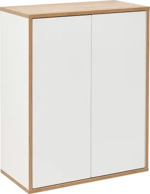 Produktbild von FACKELMANN Doppel-Midischrank FINN / Badschrank mit Push-to-Open / Maße (B x H x T): ca. 60 x 75 x 30,5 cm / Schrank fürs Bad mit 2 Türen / Korpus: Weiß / Front: Weiß / Rahmendekor: Braun hell