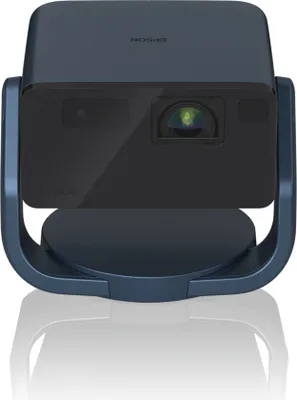 A dark blue and black Epson mini projector is shown on a white background with its reflection.