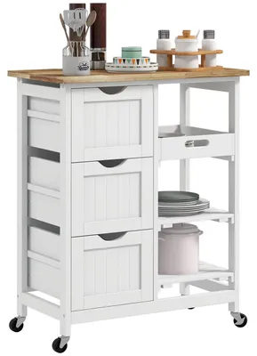 Obrázok produktu pre Kuchynský vozík s 3 zásuvkami a odnímateľnou doskou, biela, 67 x 37 x 85,5 cm