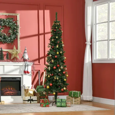 Produktbild von Künstlicher Weihnachtsbaum schlank mit Tannenzapfen, flammenhemmend, Kunststoff, Grün | 54 x 195 cm | 4,5 kg