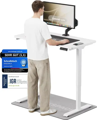 Produktbild von DESKSPACE PRO Elektrisch höhenverstellbarer Schreibtisch – 120x60 cm Memory & Kollisionsschutz, Computertisch Weiße Tischplatte / Weiße Gestell