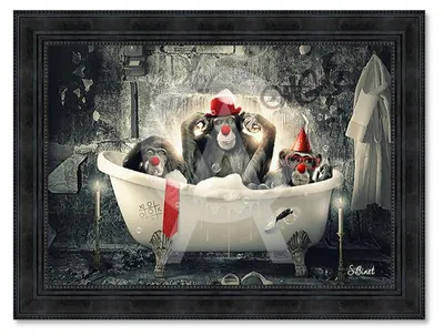 Image de Cadre en bois avec impression en PVC vernis "Singe Clowns" - Noir - 50 x 70 cm - Collection Binet