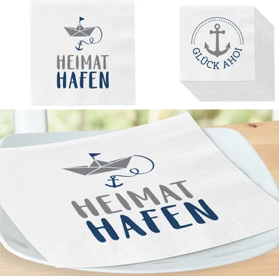 Produktbild von Servietten 'Ahoi' 2 Motive 80er Set 33x33cm 3-lagig Papierserviette stoffähnlich Anker Boot Hafen Tücher