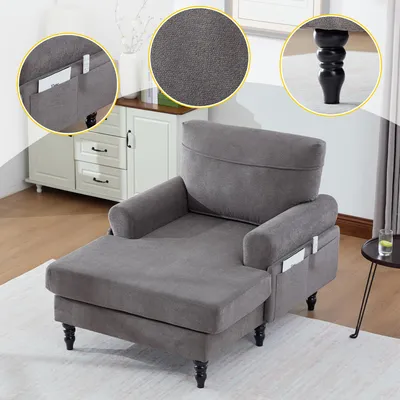 Produktbild von Moderner Chenille-Liegestuhl – Einzelsofa mit Holzbeinen, bequemer Rückenlehne & Armlehnen, Seitentaschen, für Wohnzimmer & Schlafzimmer, Dunkelgrau