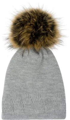 Produktbild von styleBREAKER Uni warme einfarbige Strick Bommelmütze mit Zacken Muster, abnehmbarer Kunstfellbommel, Winter Mütze 04024181