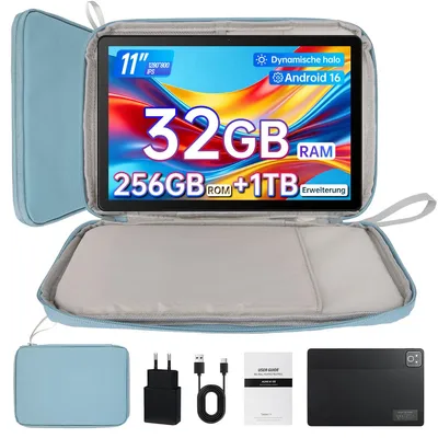 Produktbild von Tablet 11 Zoll, 32(3+29)GB RAM, 256 GB ROM, 7800 mAh, Gesichtserkennung, Dual-Lautsprechern, Android 16, mit Tasche