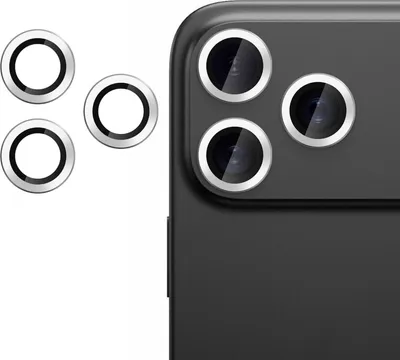 A product shot of camera lens protectors for a smartphone, with three protectors shown on the left and a smartphone with its camera array on the right.