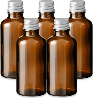 Produktbild von 5x Glasflasche Braun 50 ml mit silbernem Aluminium Schraubverschluss