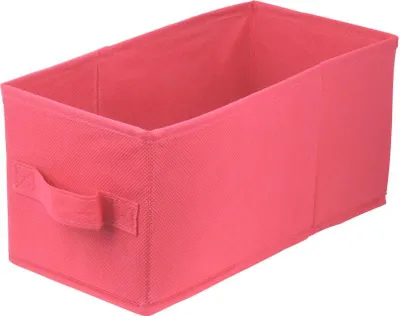 A pink fabric storage box with handles is shown against a white background.