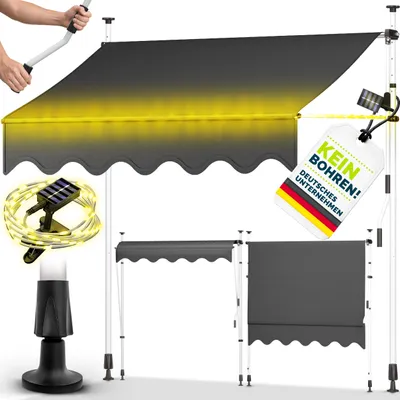 Immagine prodotto di tillvex tenda a pinza 300 cm grigio con LED solare con manovella balcone | tenda da balcone senza foratura | tenda resistente ai raggi UV e regolabile in altezza | protezione solare impermeabile