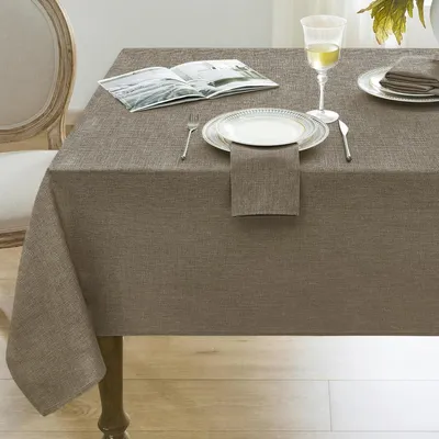 Zdjęcie produktu dla Ścierełka stołowa, zmywalna, 240x140 cm, beżowo-brązowa, imitacja lnu, wodoodporna, wykonana z mikrofibry