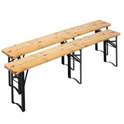 Two wooden beer benches with black metal legs are shown against a white background.