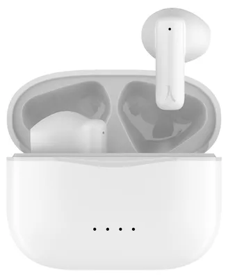 A pair of white wireless earbuds and their charging case.