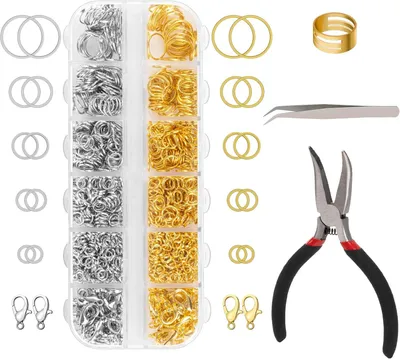 Produktbild von 1200 Stück Biegeringe für Schmuckherstellungszubehör, Halsketten-Reparaturset mit Öffnungs-/Schließwerkzeugen, Zangen, Pinzetten, Karabinerverschlüssen, Schmuck-Biegeringe zum Basteln und für Schlüsselanhänger (Silber und Gold)