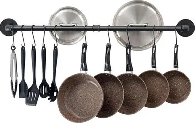 Image de Étagère de cuisine métallique noire de 100 cm avec 14 crochets
